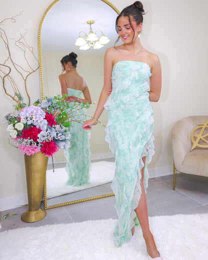 Mint Mirage Cross Ruffled Maxi Dress