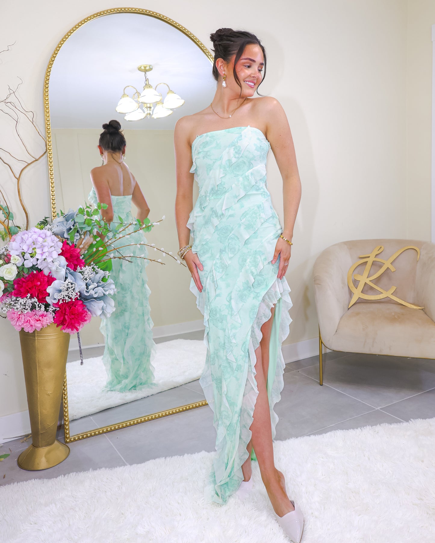 Mint Mirage Cross Ruffled Maxi Dress