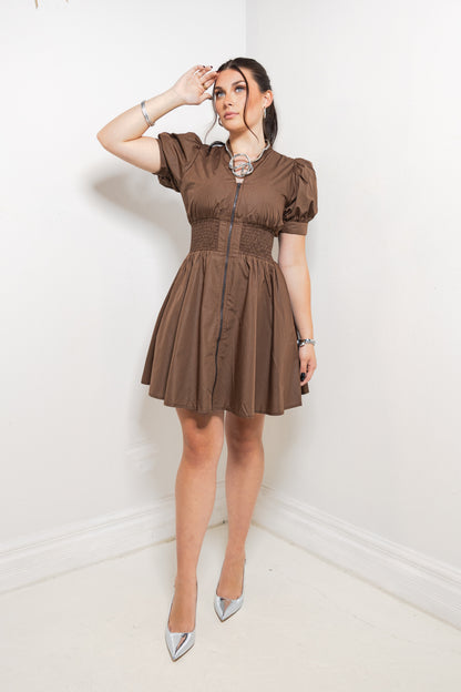 Mocha Avenue Front Zip Smocked Mini Dress