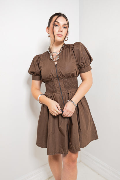 Mocha Avenue Front Zip Smocked Mini Dress