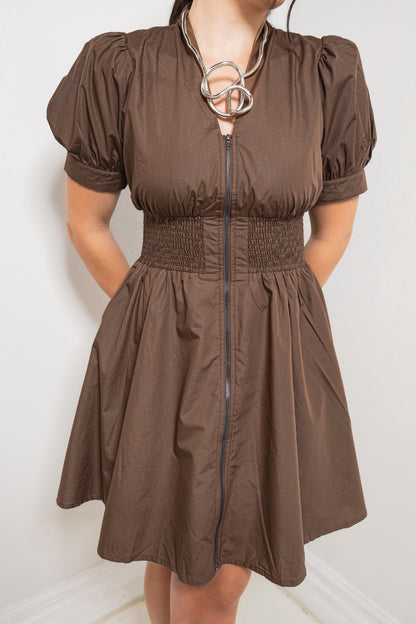 Mocha Avenue Front Zip Smocked Mini Dress