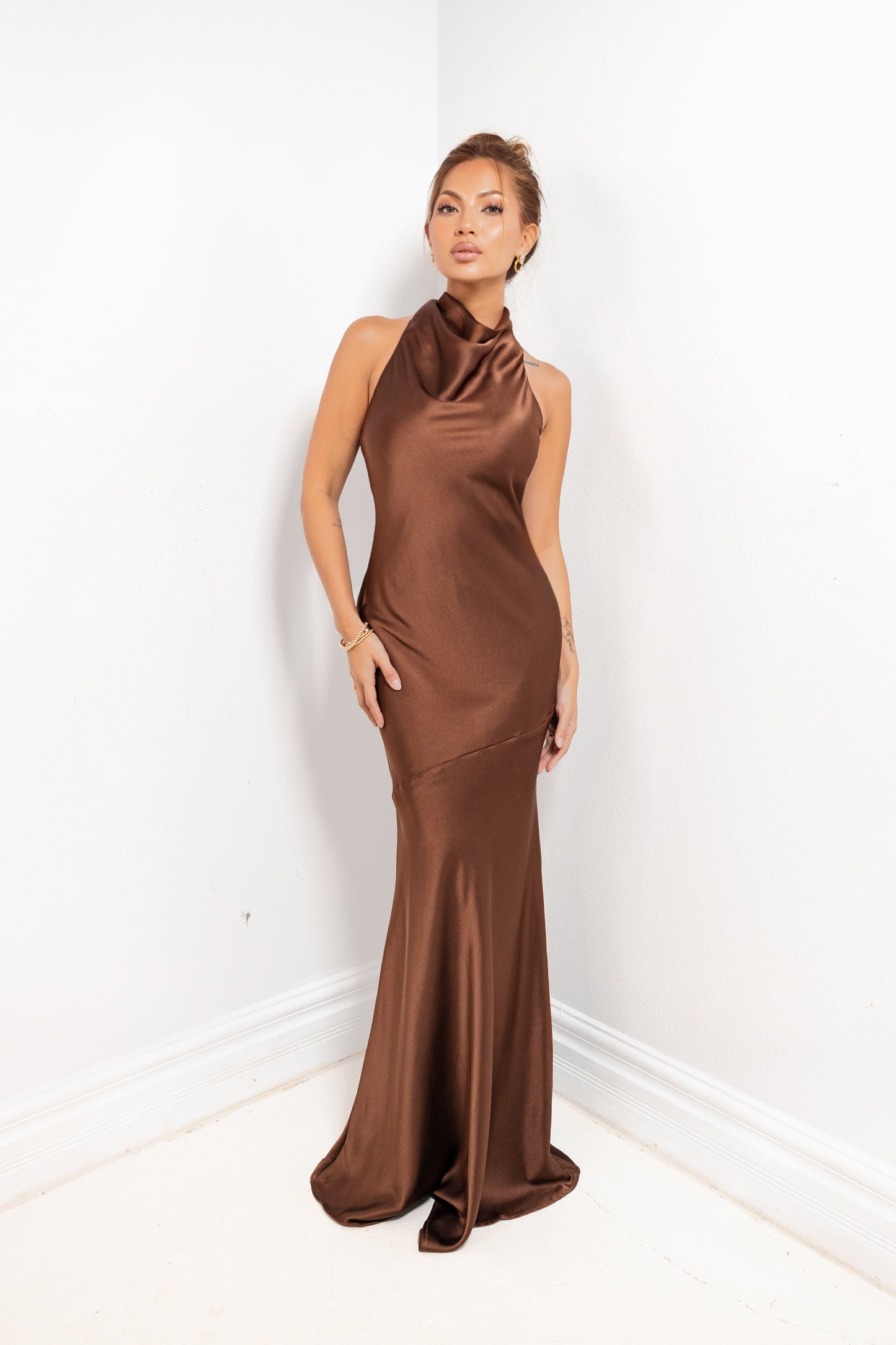 Mocha Luxe Cowl Neck Maxi Dress