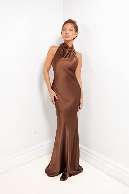 Mocha Luxe Cowl Neck Maxi Dress