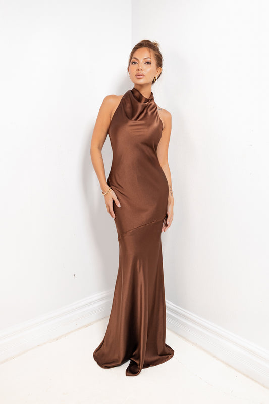 Mocha Luxe Cowl Neck Maxi Dress