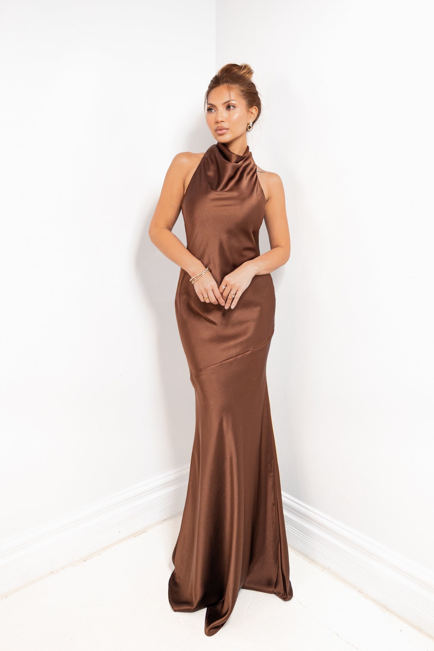 Mocha Luxe Cowl Neck Maxi Dress
