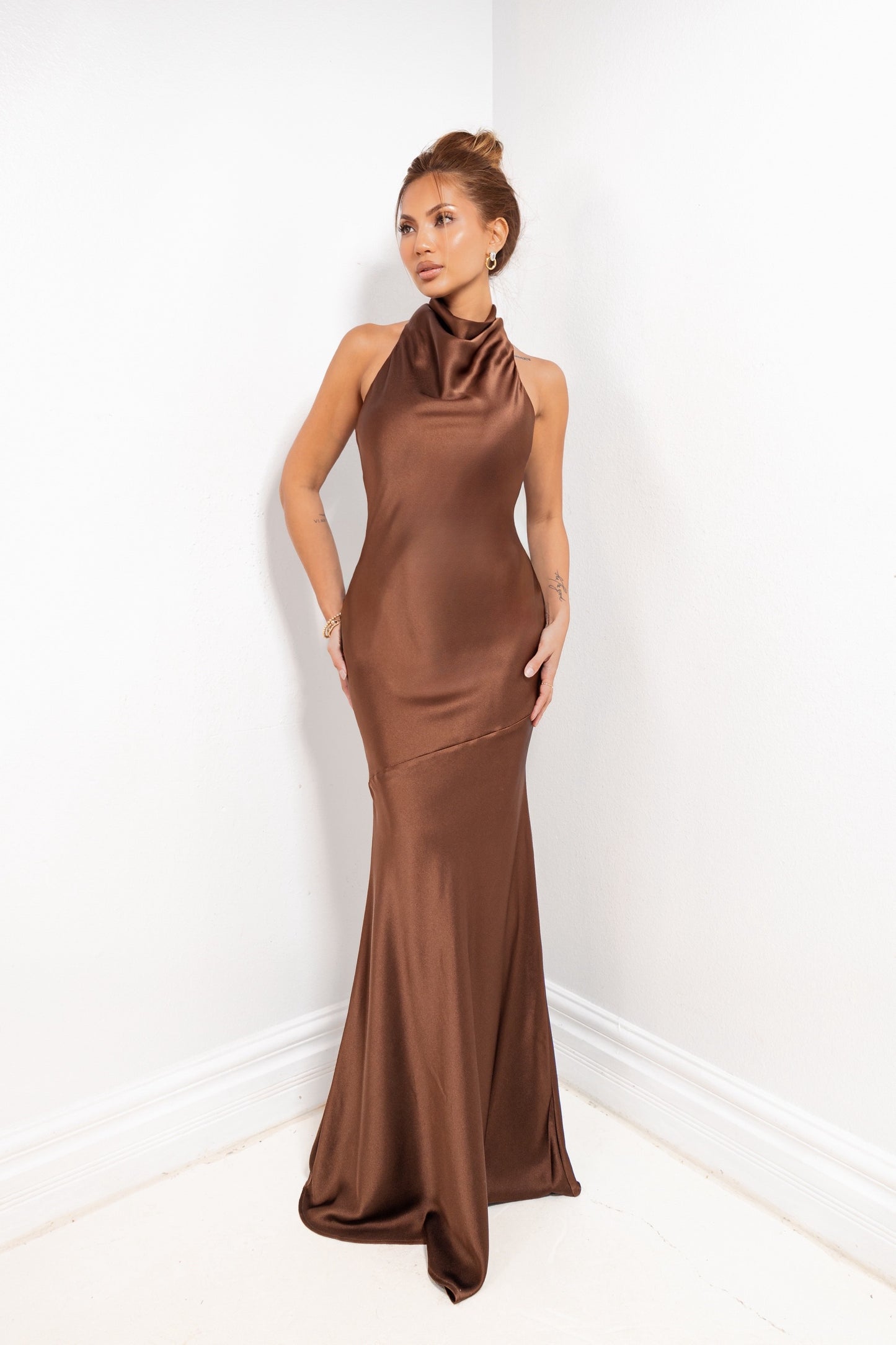 Mocha Luxe Cowl Neck Maxi Dress