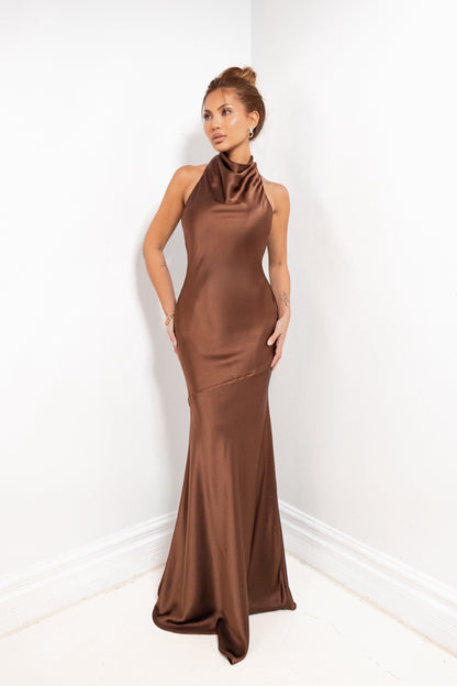 Mocha Luxe Cowl Neck Maxi Dress