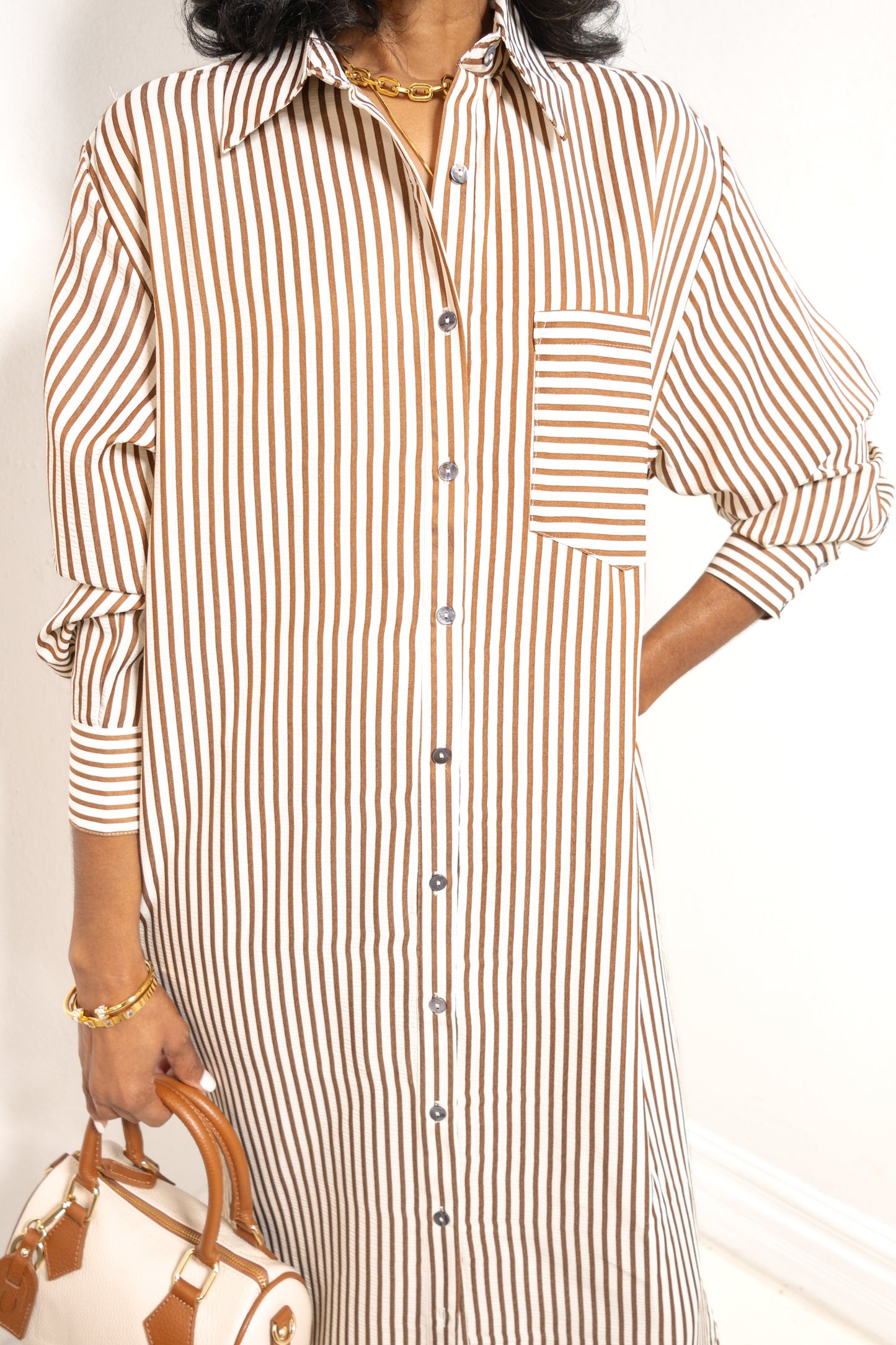 Morning Latte Button Down Striped Midi Dress