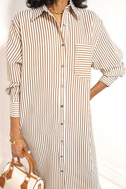 Morning Latte Button Down Striped Midi Dress