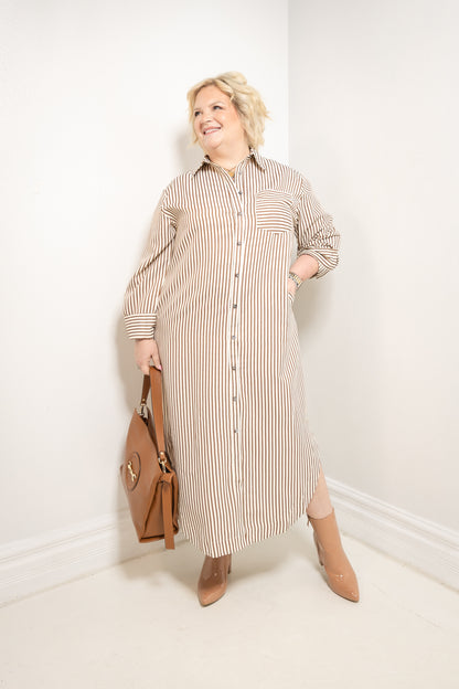 Morning Latte Button Down Striped Midi Dress