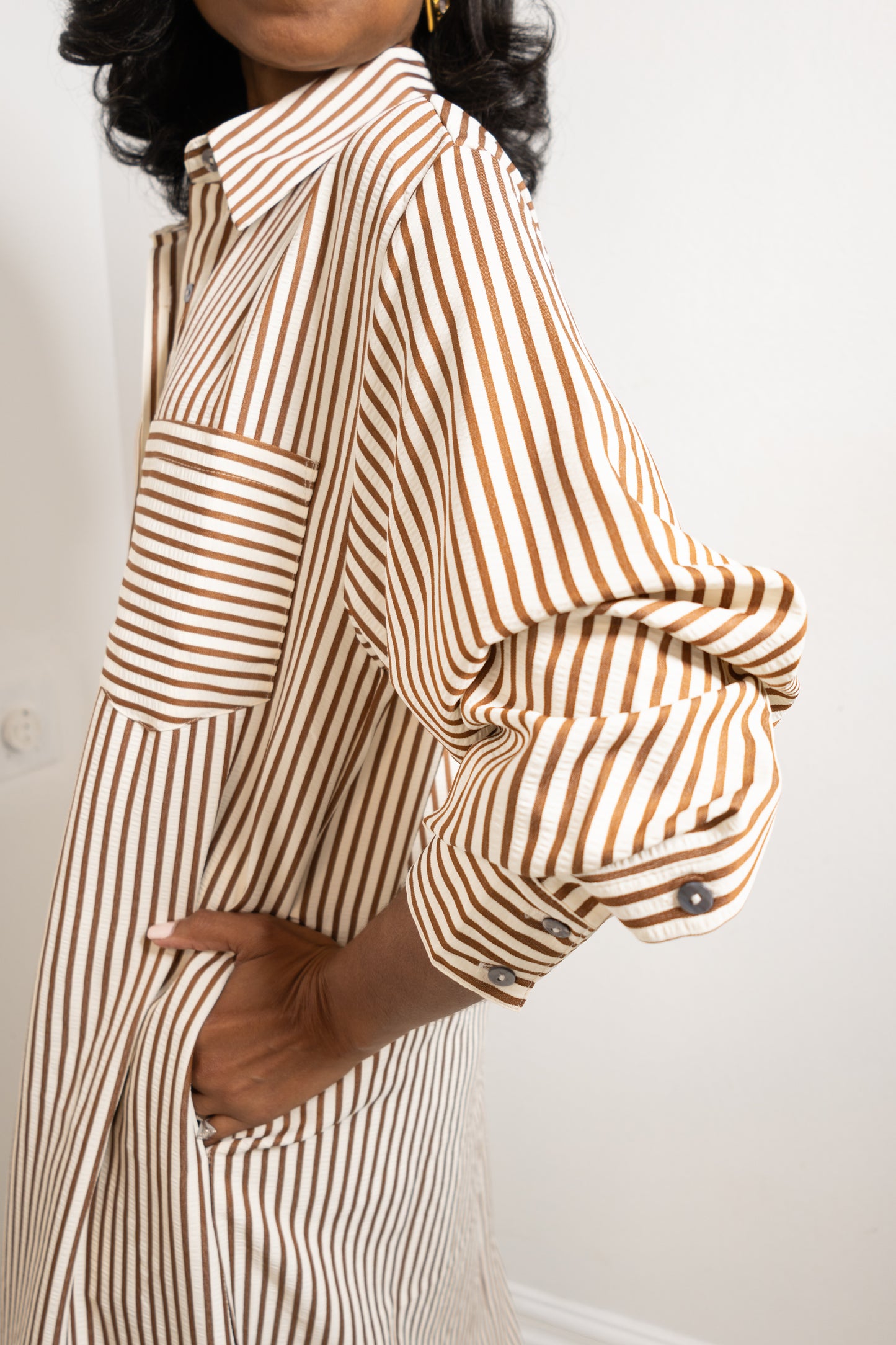 Morning Latte Button Down Striped Midi Dress