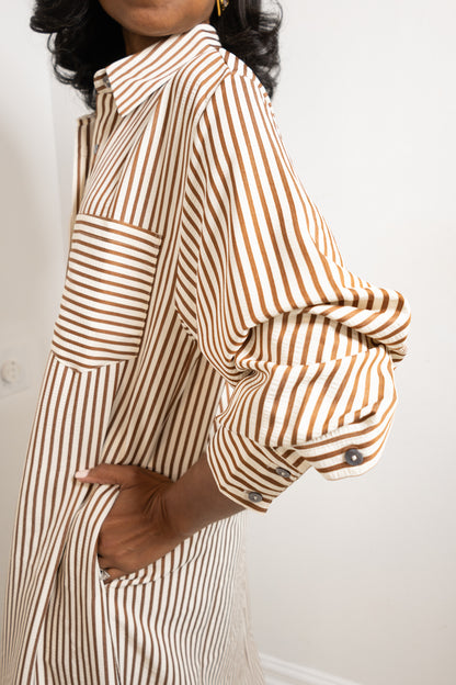 Morning Latte Button Down Striped Midi Dress