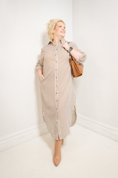 Morning Latte Button Down Striped Midi Dress