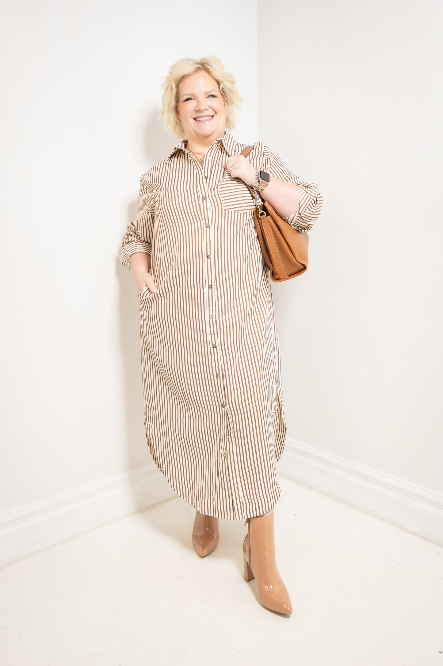 Morning Latte Button Down Striped Midi Dress