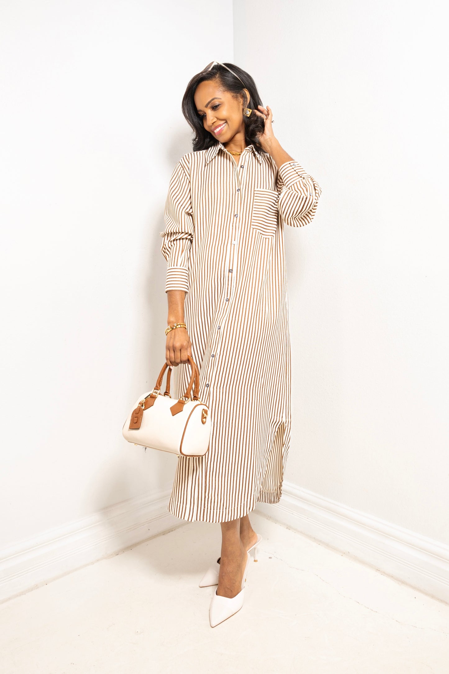 Morning Latte Button Down Striped Midi Dress