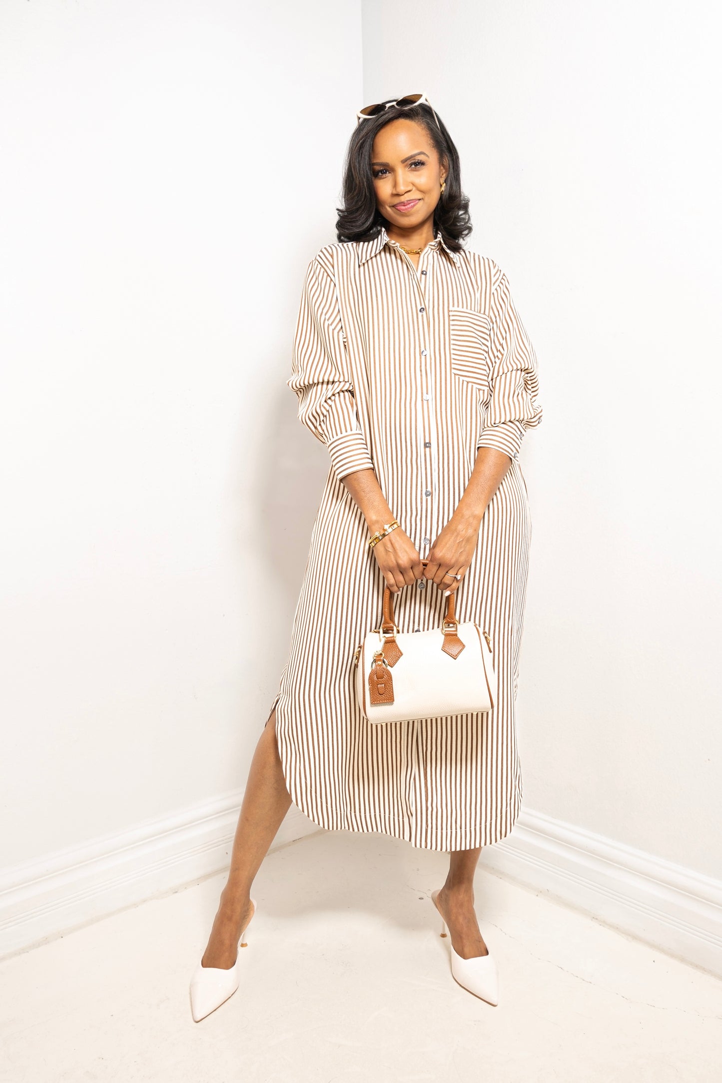 Morning Latte Button Down Striped Midi Dress