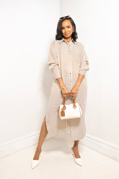 Morning Latte Button Down Striped Midi Dress