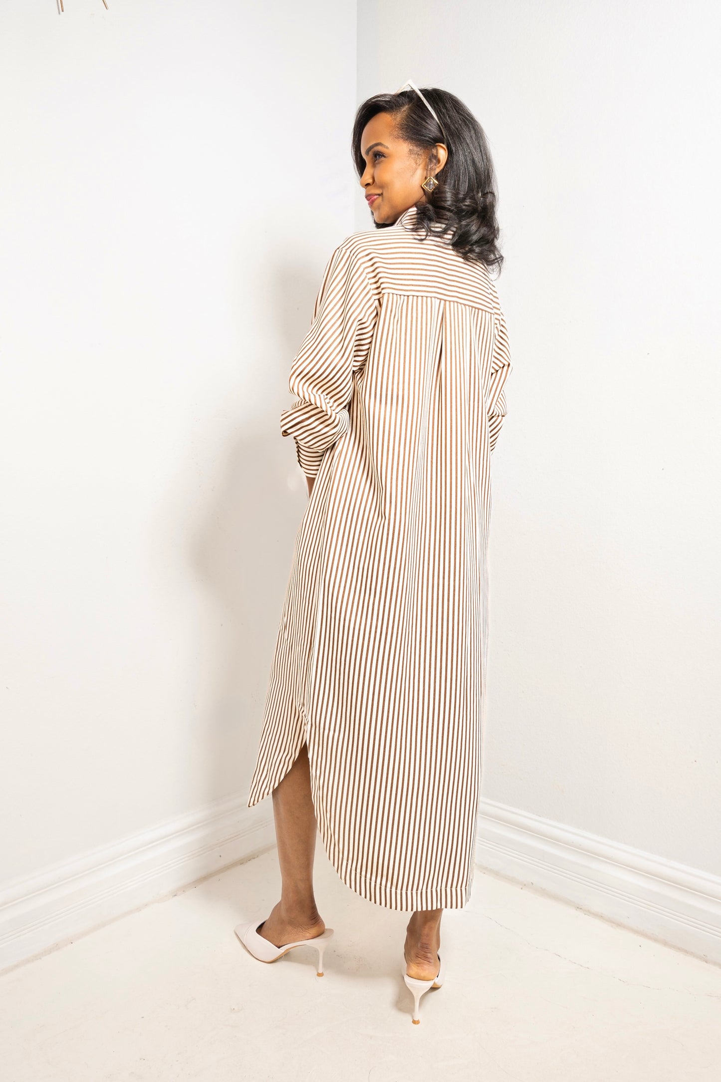 Morning Latte Button Down Striped Midi Dress