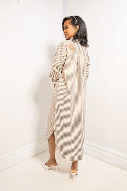 Morning Latte Button Down Striped Midi Dress