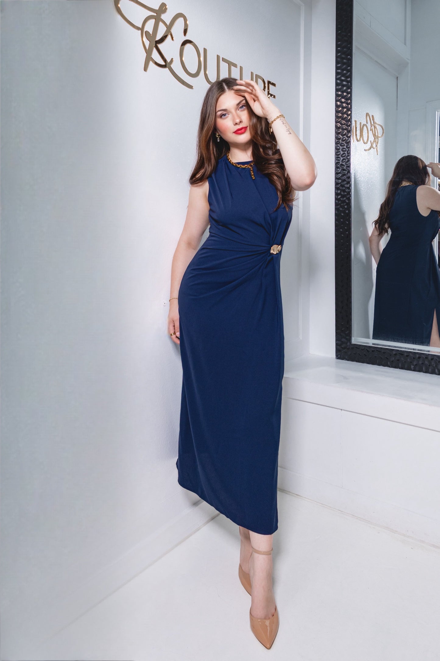 Navy Allure Gold Knot Midi Dress