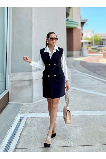 Noble Navy Belted Suit Vest Dress – KCoutureBoutique