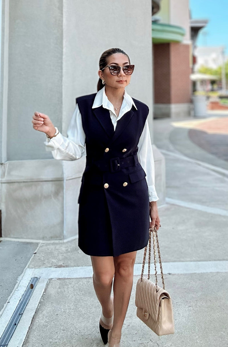 Noble Navy Belted Suit Vest Dress-Dress-KCoutureBoutique, women's boutique in Bossier City, Louisiana