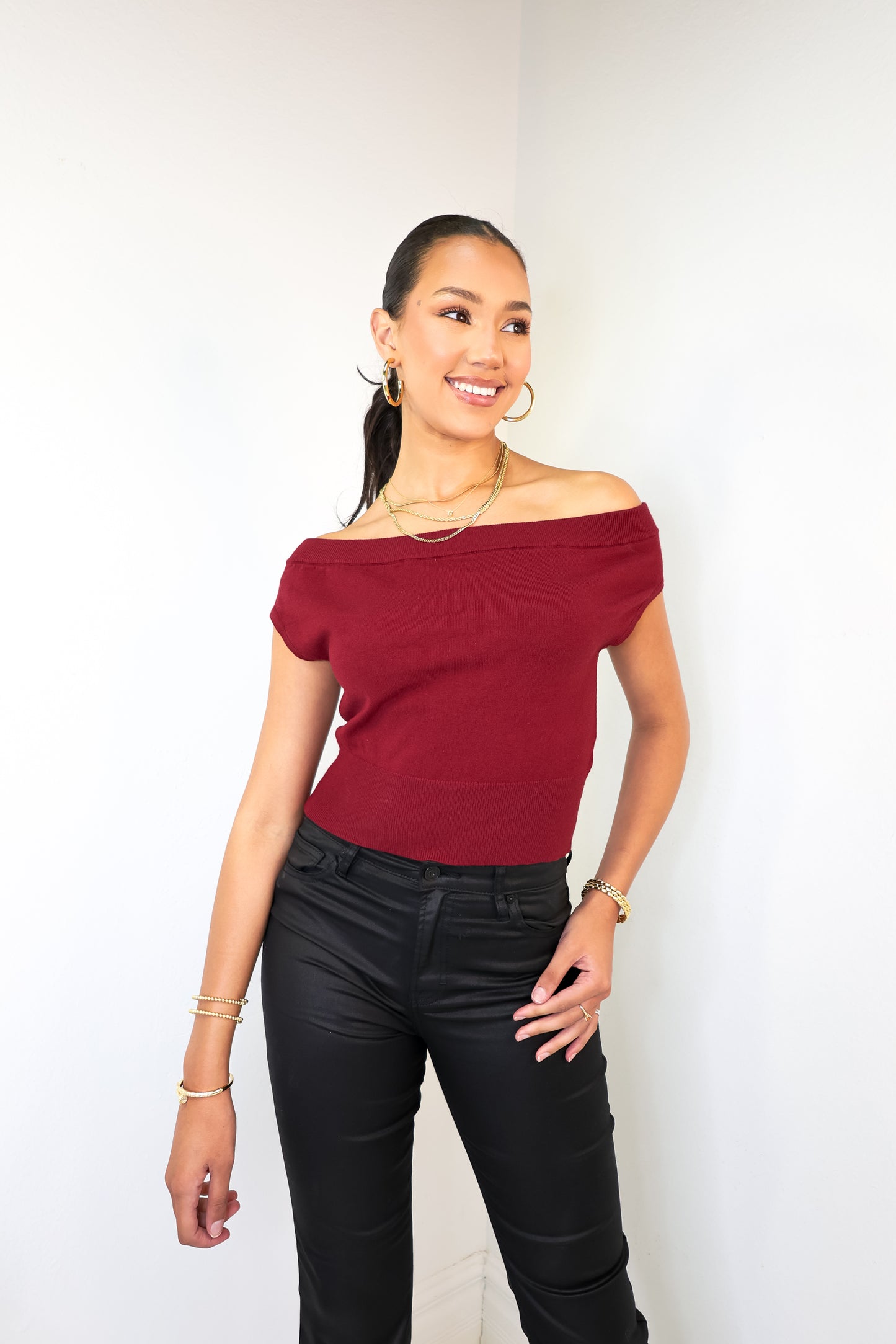 Off Shoulder Cropped Sweater Top