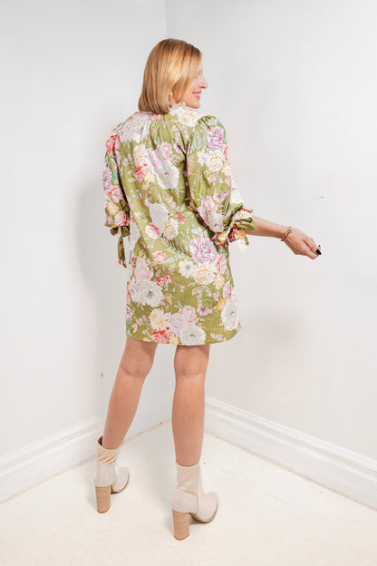 Olive Blossom Bubble Sleeve Mini Dress
