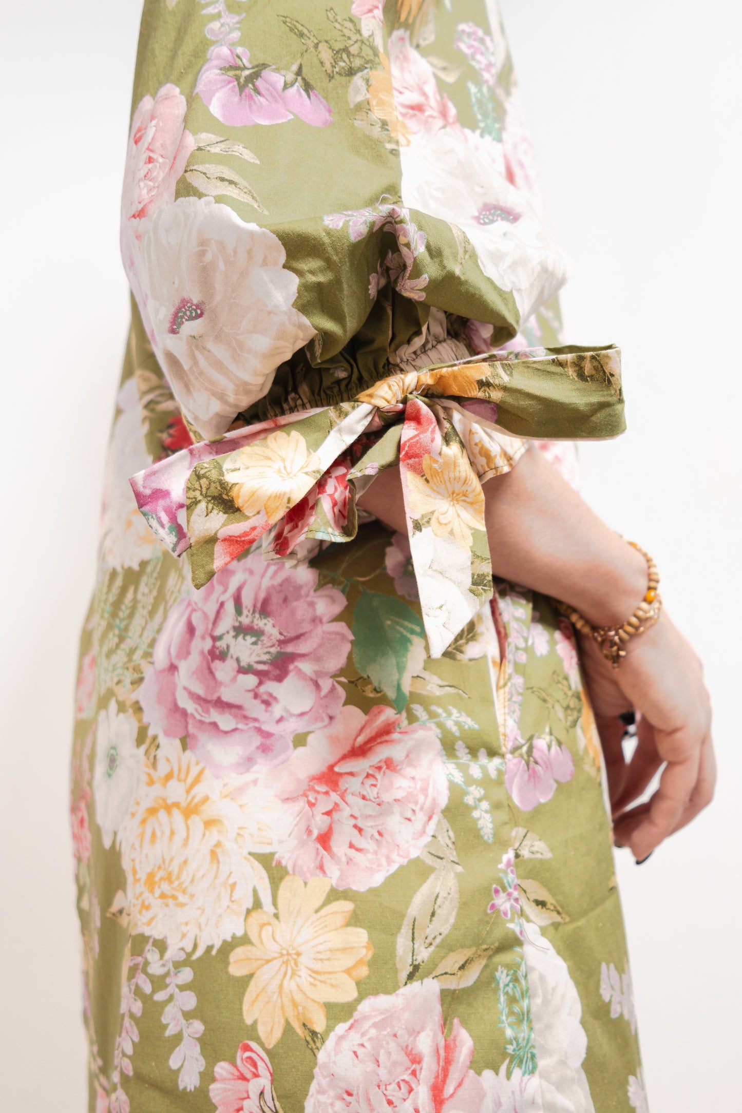Olive Blossom Bubble Sleeve Mini Dress