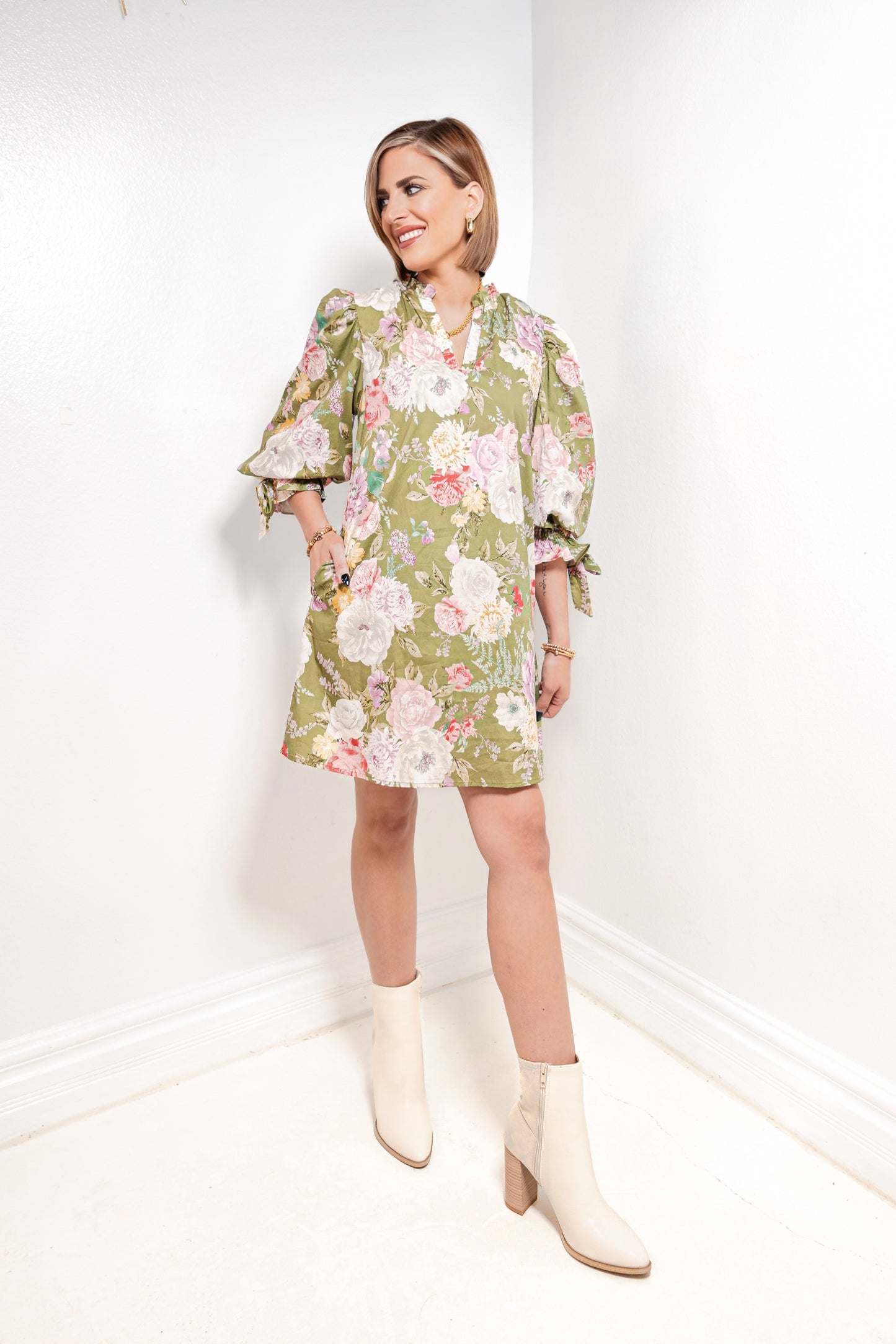 Olive Blossom Bubble Sleeve Mini Dress