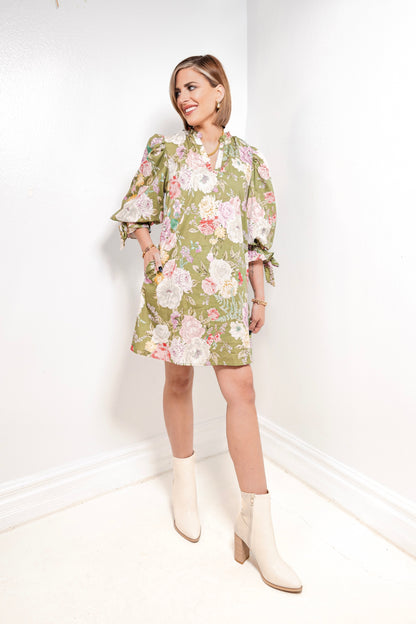 Olive Blossom Bubble Sleeve Mini Dress