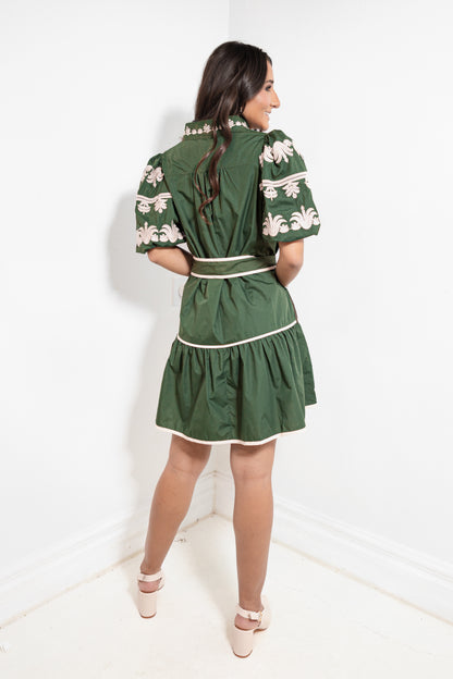 Olive Blossom Embroidered Puff Sleeve Mini Dress