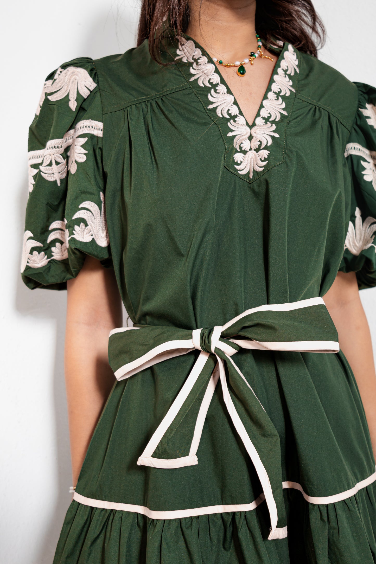Olive Blossom Embroidered Puff Sleeve Mini Dress