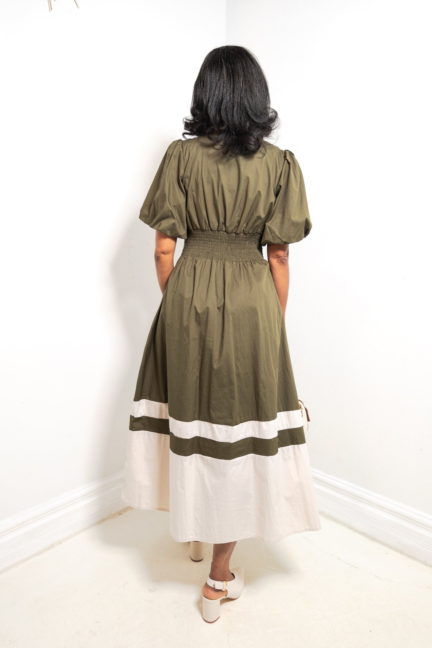 Olive Grove Puff Sleeve Colorblock Midi Dress