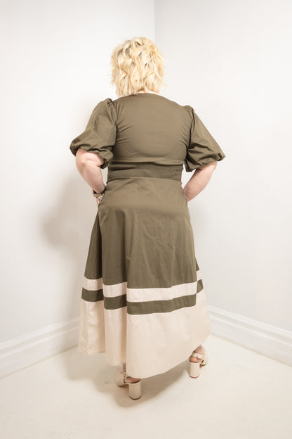 Olive Grove Puff Sleeve Colorblock Midi Dress