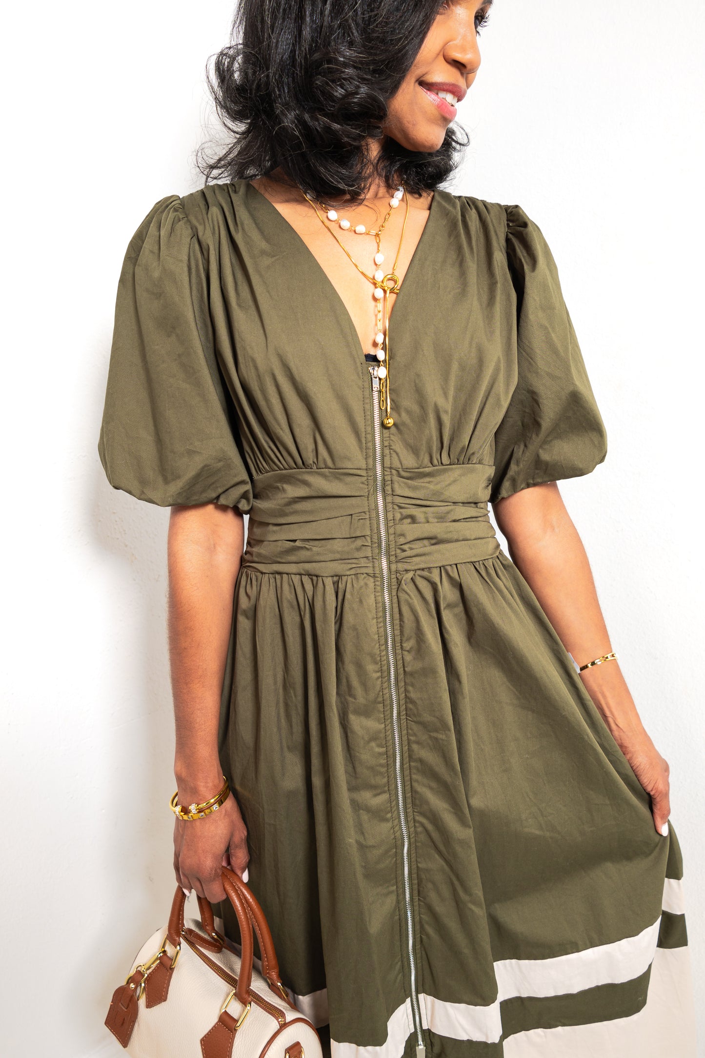 Olive Grove Puff Sleeve Colorblock Midi Dress