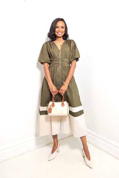 Olive Grove Puff Sleeve Colorblock Midi Dress