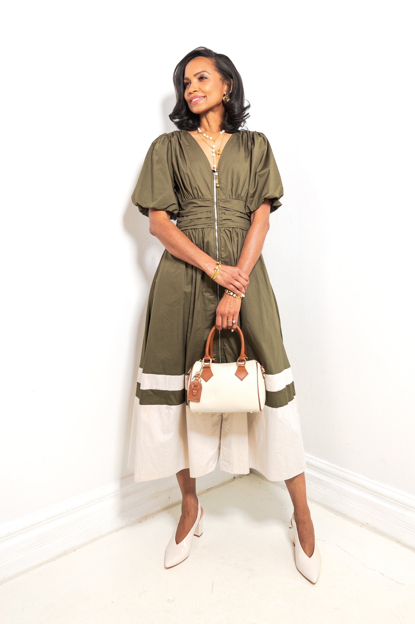 Olive Grove Puff Sleeve Colorblock Midi Dress