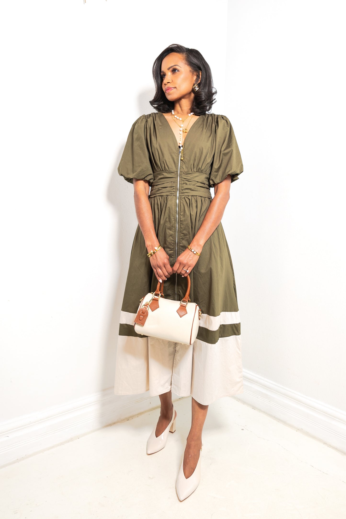 Olive Grove Puff Sleeve Colorblock Midi Dress