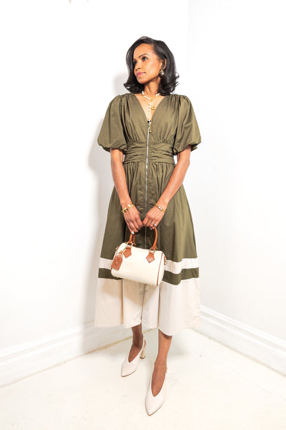 Olive Grove Puff Sleeve Colorblock Midi Dress