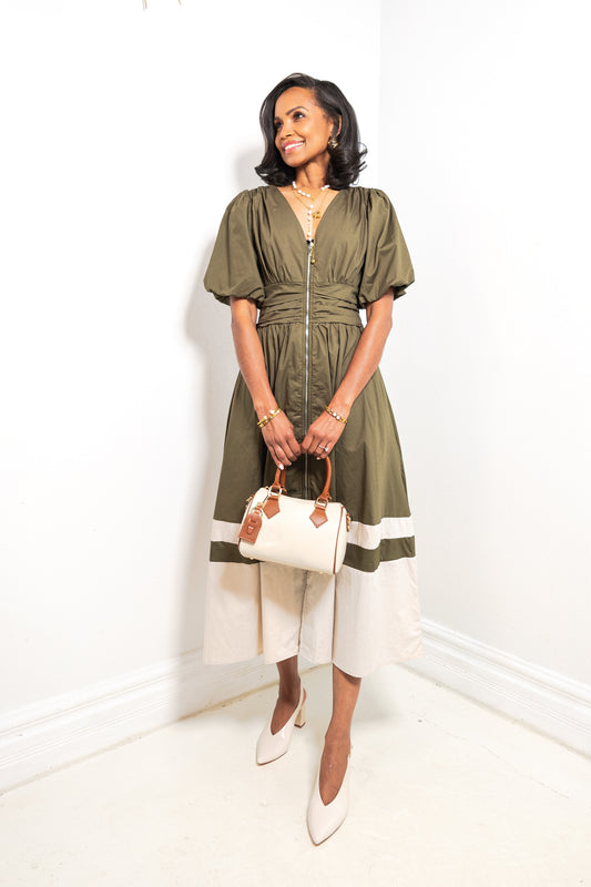 Olive Grove Puff Sleeve Colorblock Midi Dress