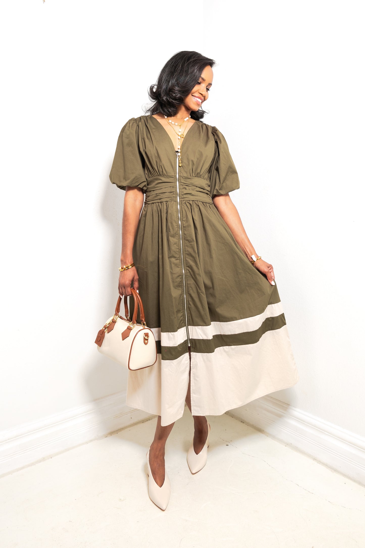 Olive Grove Puff Sleeve Colorblock Midi Dress