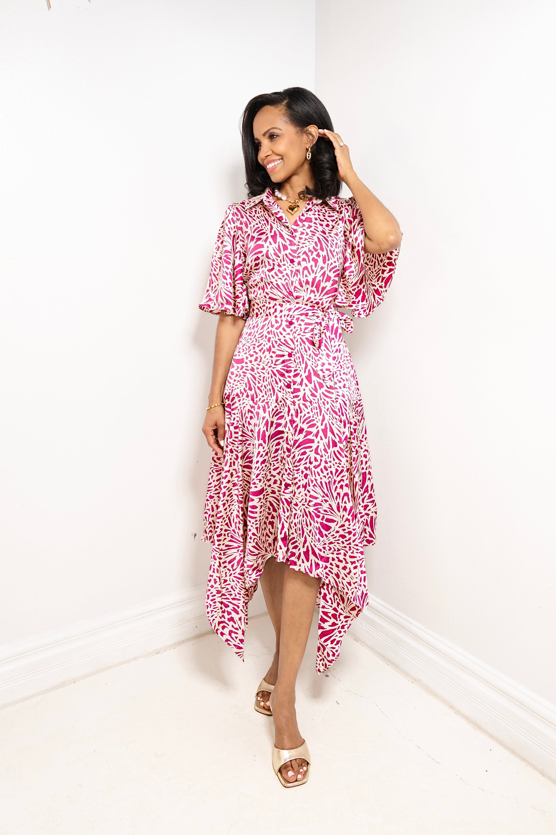 Orchid Grove Front Tie Midi Dress Large (10/12) / Fuschia Orchid Grove Front Tie Midi Dress Large (10/12) / Fuschia