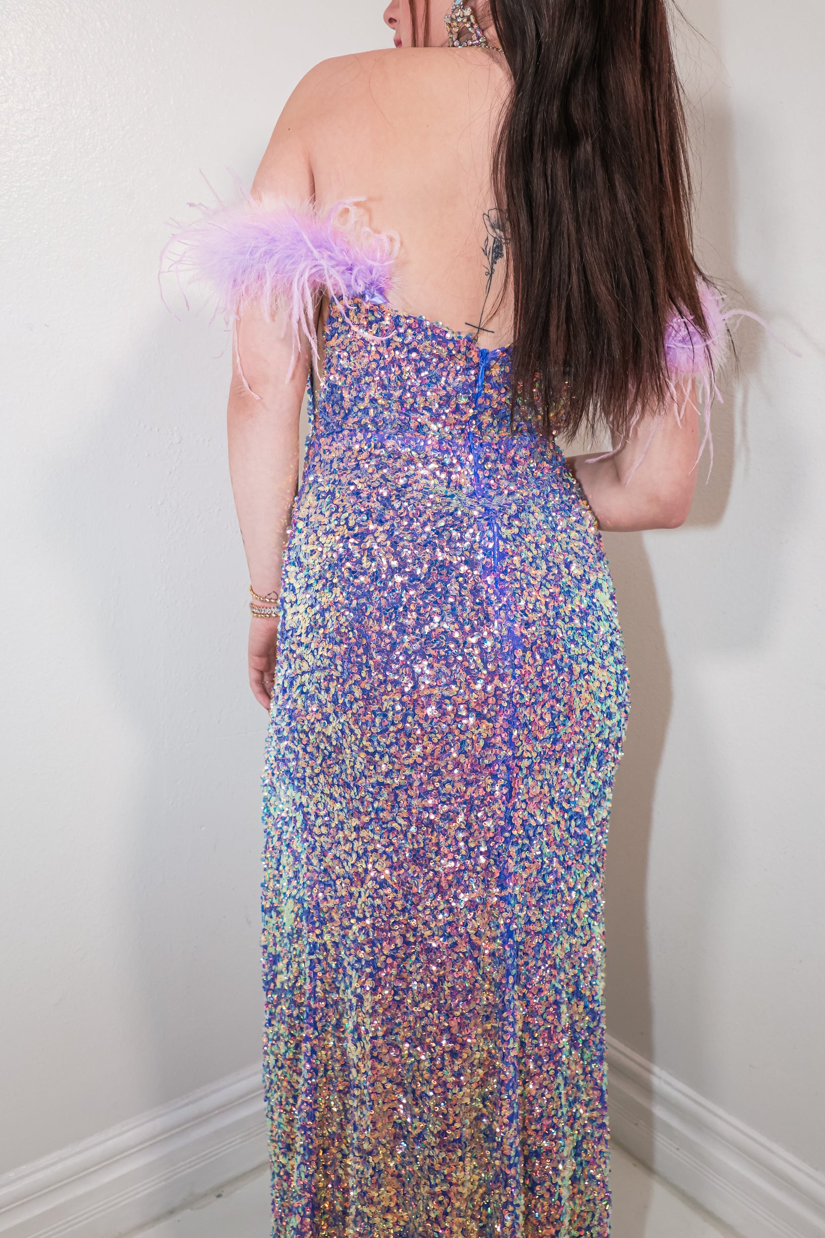 sequin feather dress Party Time Sequin & Feather Gown Violet / 8