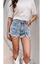 Pearl Chain Layer Denim Shorts-Denim-KCoutureBoutique, women's boutique in Bossier City, Louisiana