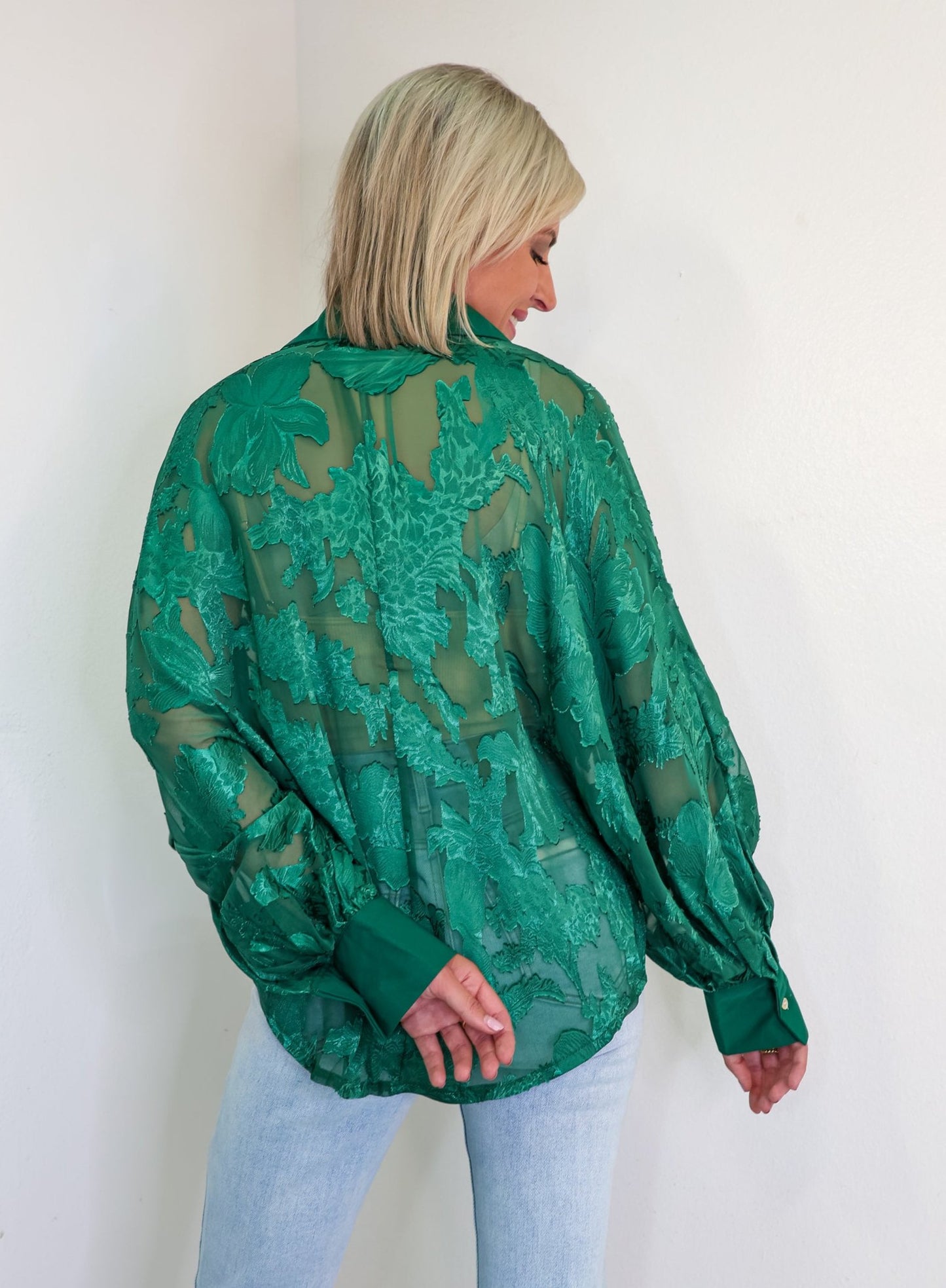 Emerald Floral Mesh Button Down Shirt