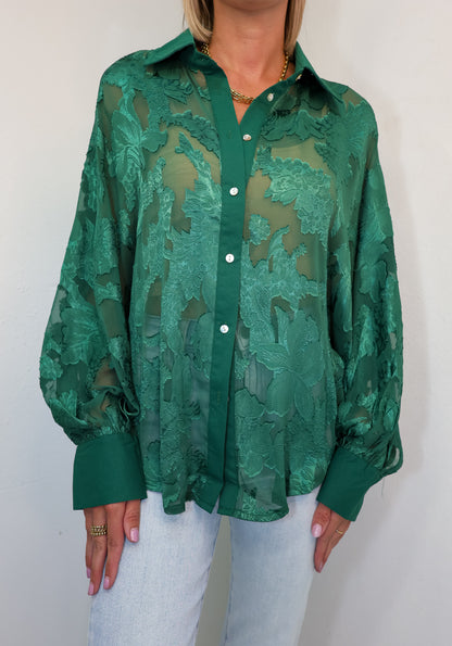 Emerald Floral Mesh Button Down Shirt