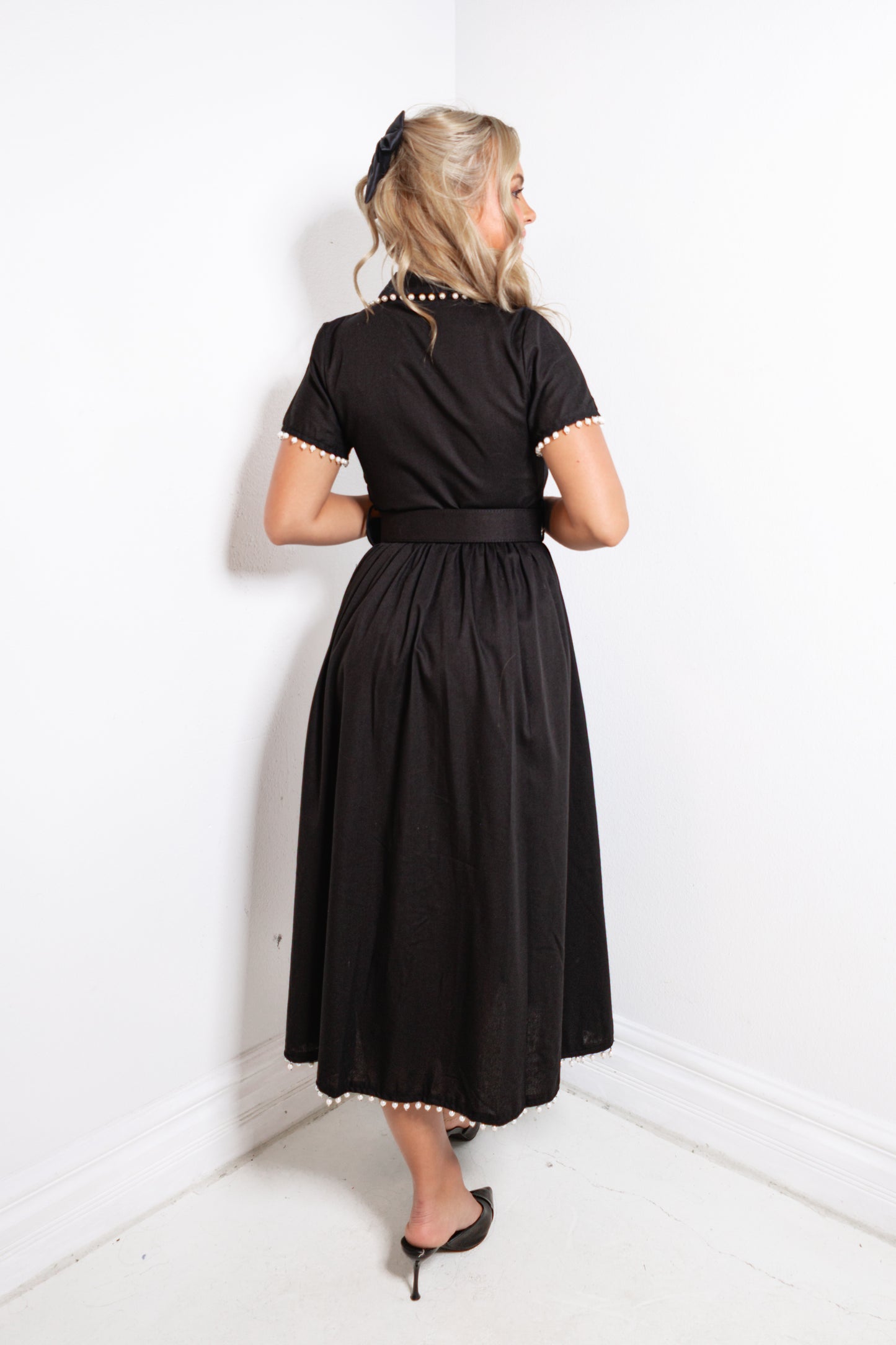 Pearls Edge Belted Midi Dress