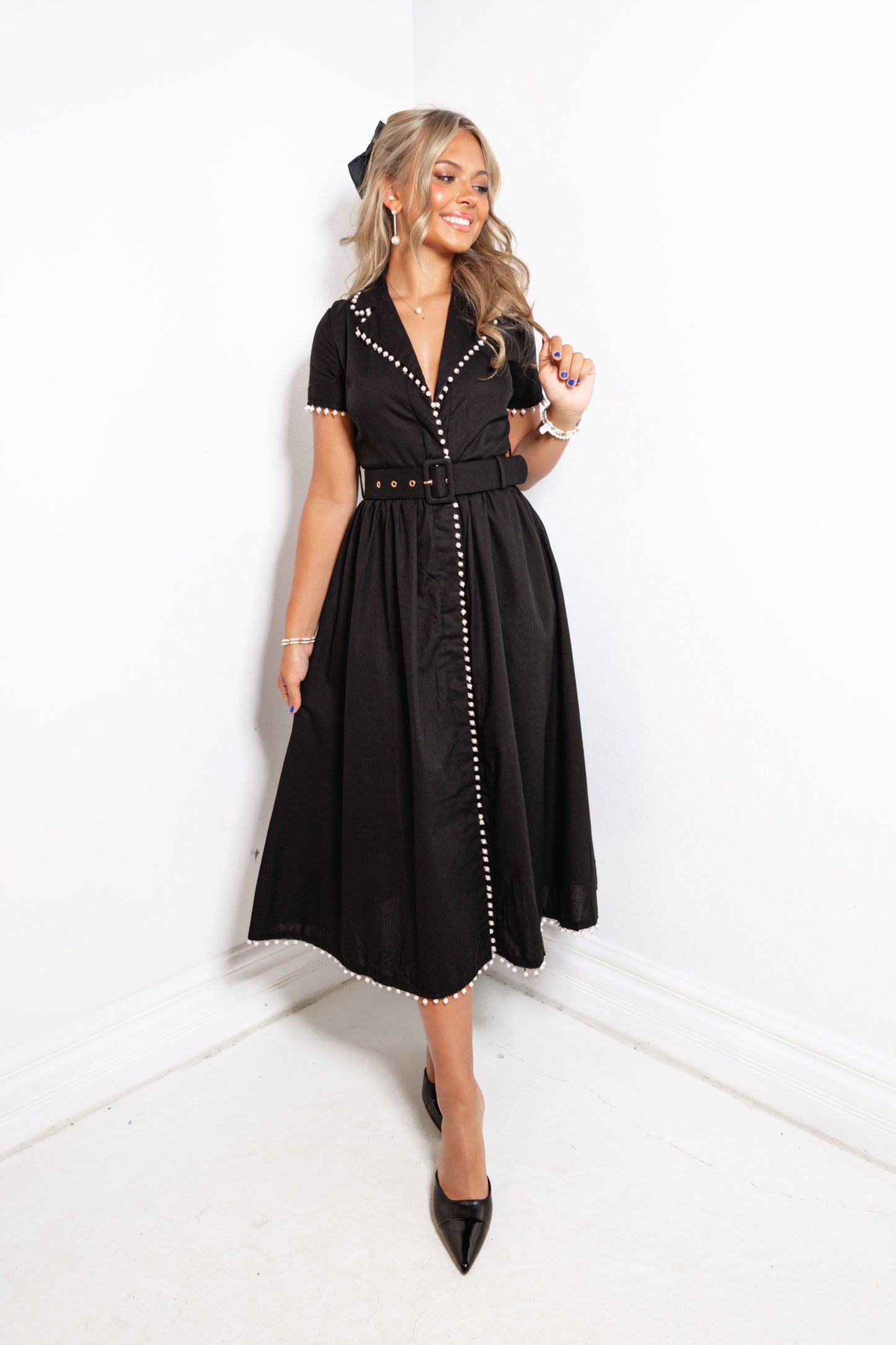 Pearls Edge Belted Midi Dress
