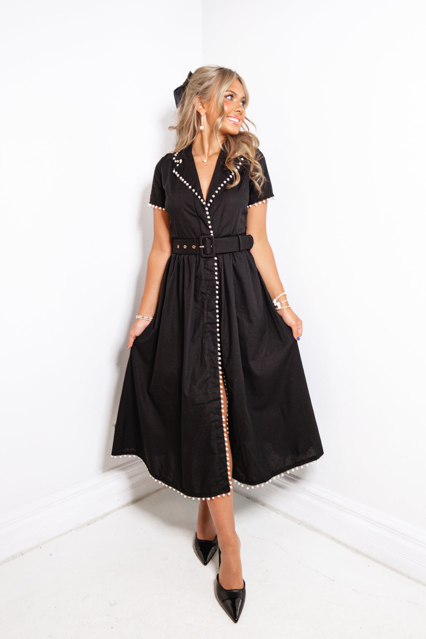 Pearls Edge Belted Midi Dress